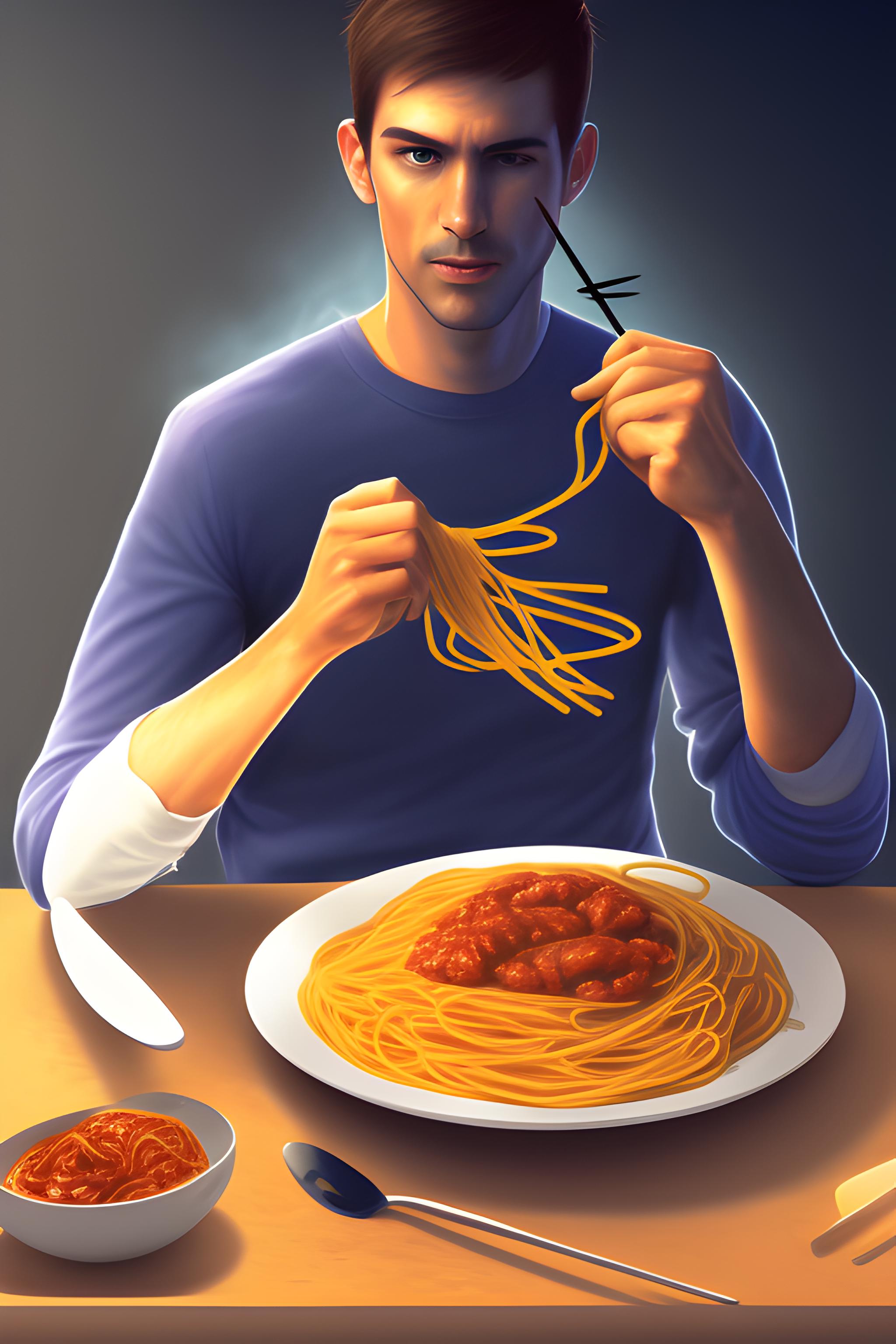 a man eating spaghetti
